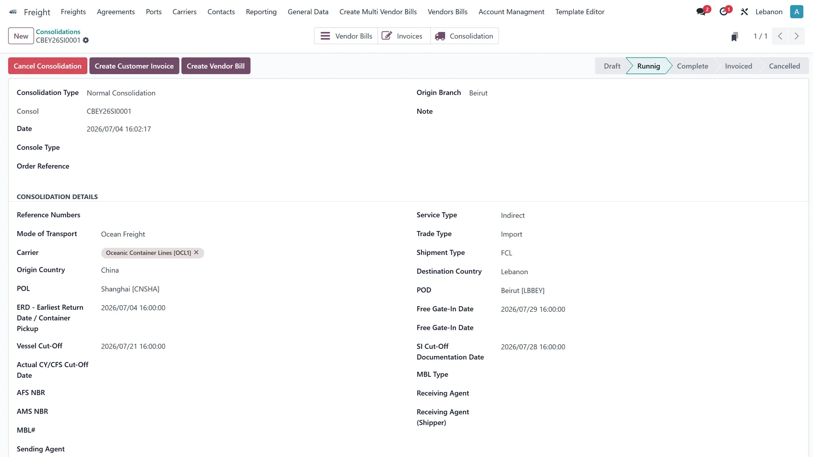 A master consolidation for ocean FCL import from Shanghai to Beirut, with carrier, vessel cut-off, documentation cut-off and free gate-in dates, and buttons to create the customer invoice and vendor bill at console level.