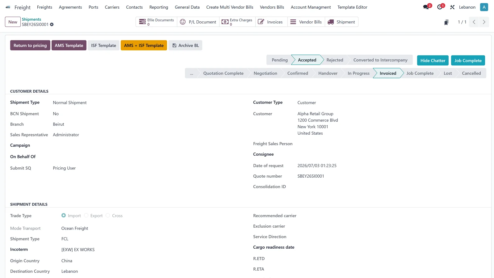 A shipment record in Freight Operations for Odoo: customer and shipment details, ocean FCL import from China to Lebanon, and the job's status pipeline from quotation through negotiation, handover, in progress and invoiced.